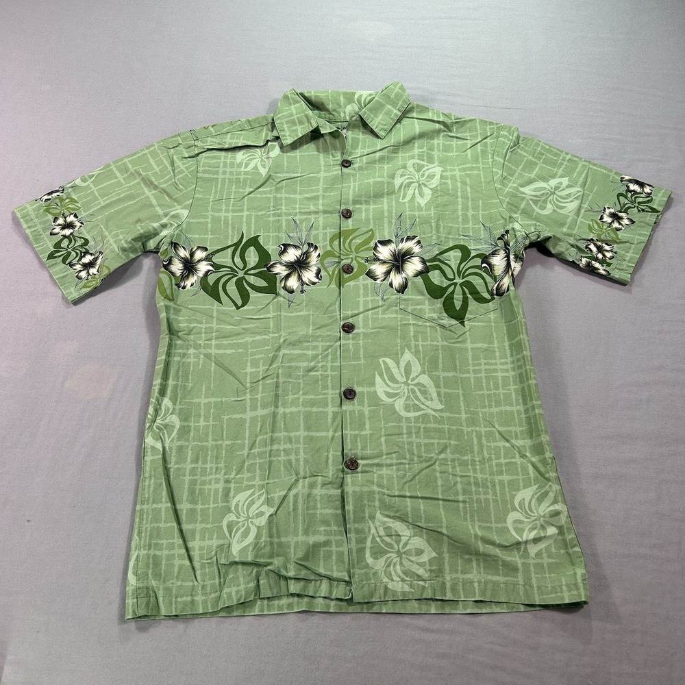 Hilo Hattie Shirt Adult Small Green Floral Hawaiian Beach Camp Casual Mens